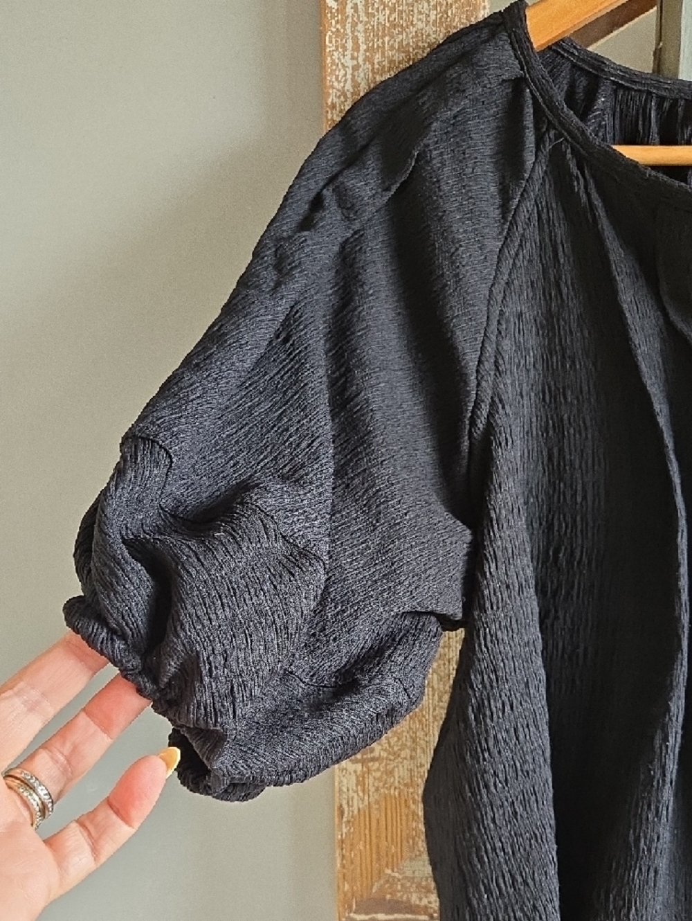 NWOT LOFT Black Textured Tie-Neck Peasant Blouse - Picture 3 of 4